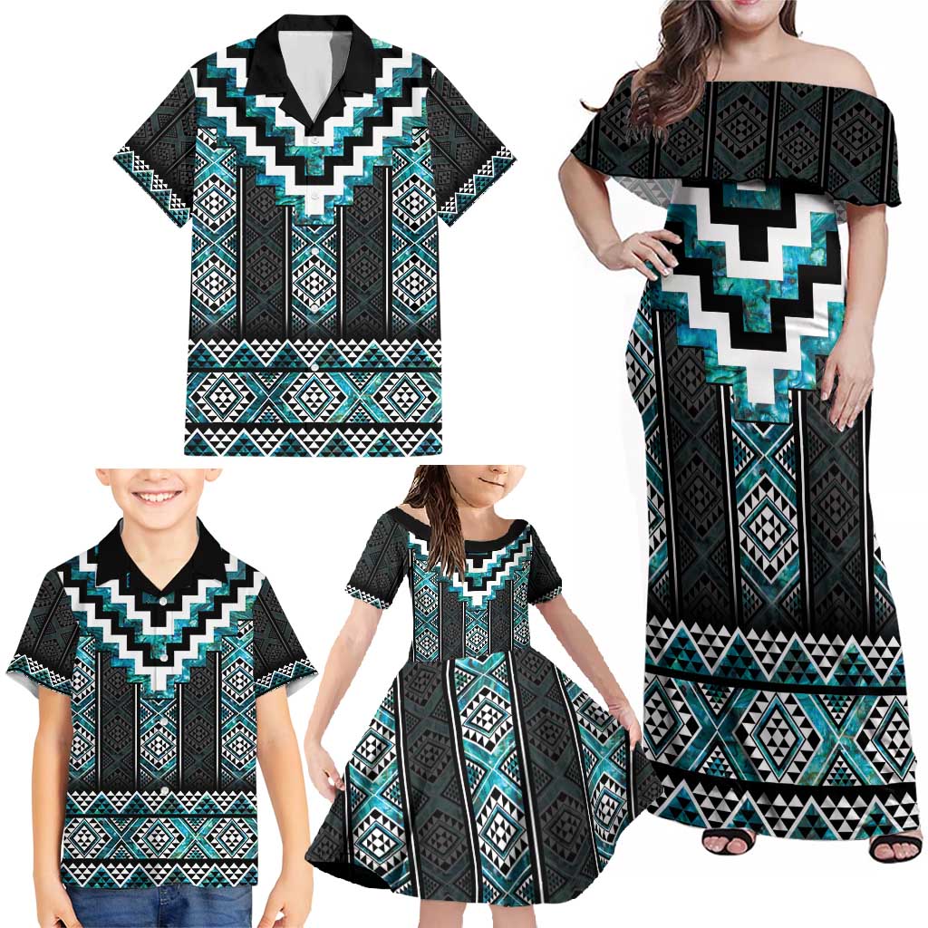 Paua Shell Taniko Pattern Aotearoa Family Matching Off Shoulder Maxi Dress and Hawaiian Shirt Niho Taniwha Mix Poutama