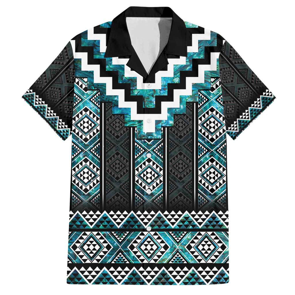 Paua Shell Taniko Pattern Aotearoa Family Matching Off Shoulder Short Dress and Hawaiian Shirt Niho Taniwha Mix Poutama LT14 Dad's Shirt - Short Sleeve Turquoise - Polynesian Pride