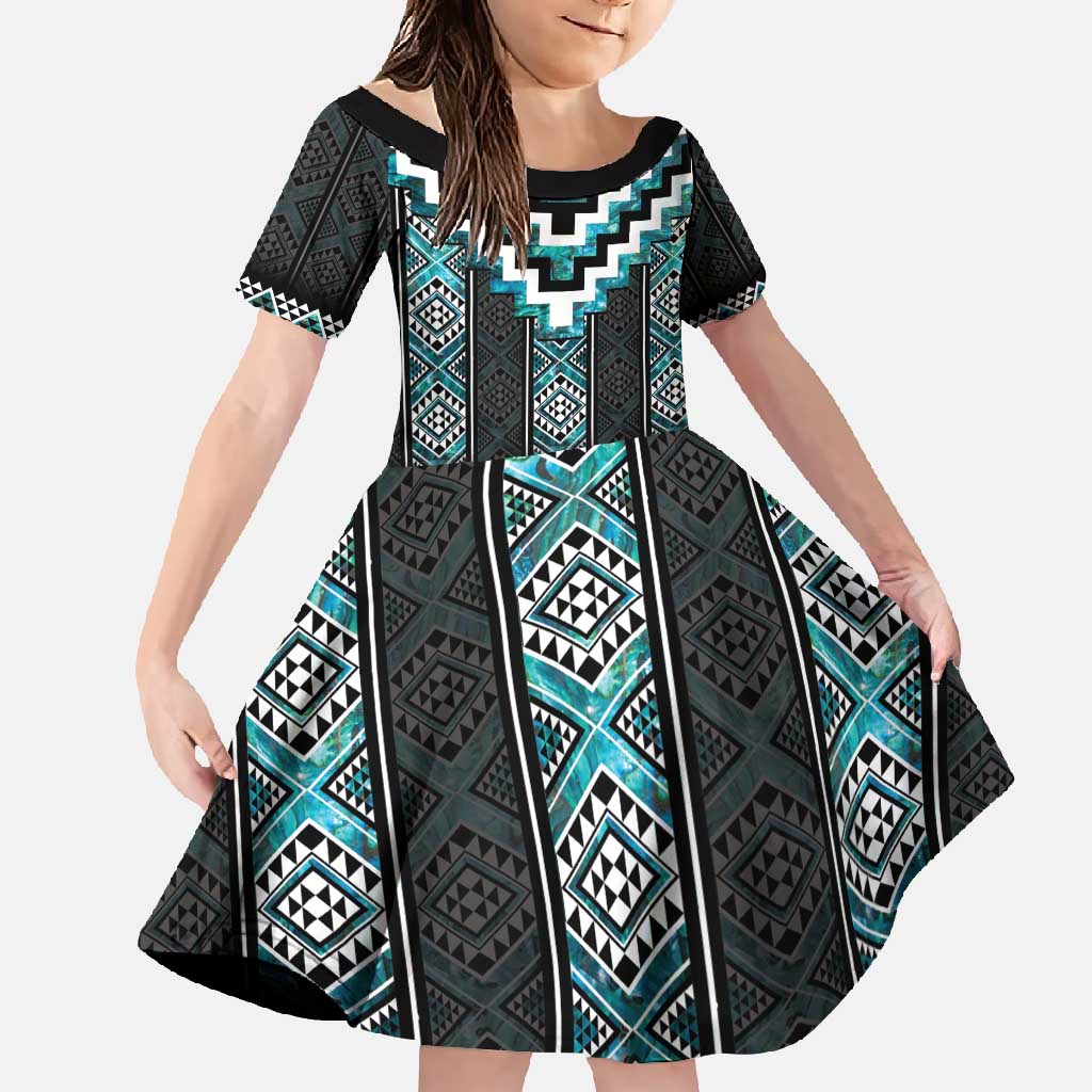 Paua Shell Taniko Pattern Aotearoa Family Matching Short Sleeve Bodycon Dress and Hawaiian Shirt Niho Taniwha Mix Poutama