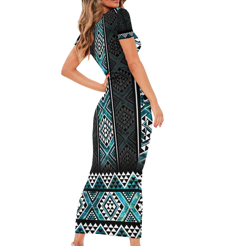 Paua Shell Taniko Pattern Aotearoa Family Matching Short Sleeve Bodycon Dress and Hawaiian Shirt Niho Taniwha Mix Poutama