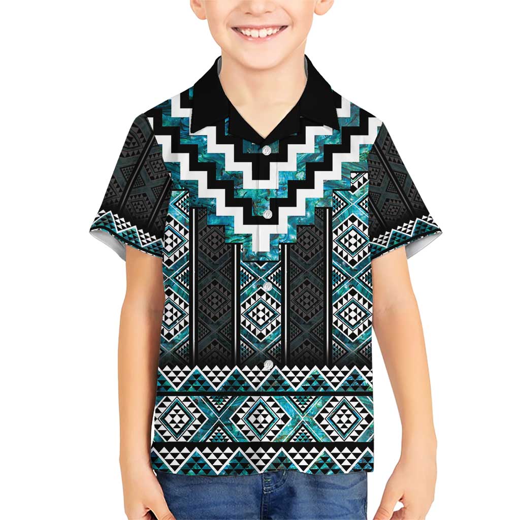 Paua Shell Taniko Pattern Aotearoa Family Matching Short Sleeve Bodycon Dress and Hawaiian Shirt Niho Taniwha Mix Poutama