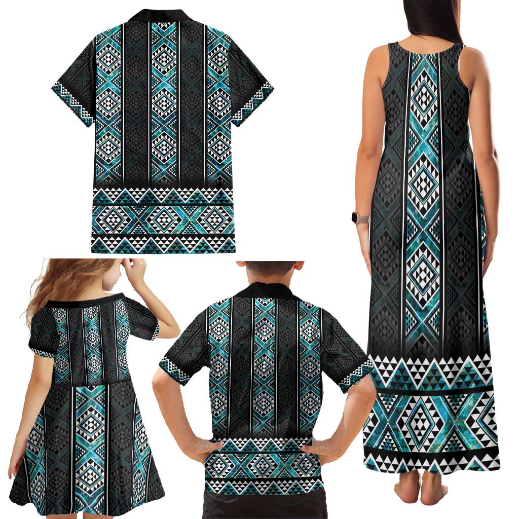 Paua Shell Taniko Pattern Aotearoa Family Matching Tank Maxi Dress and Hawaiian Shirt Niho Taniwha Mix Poutama