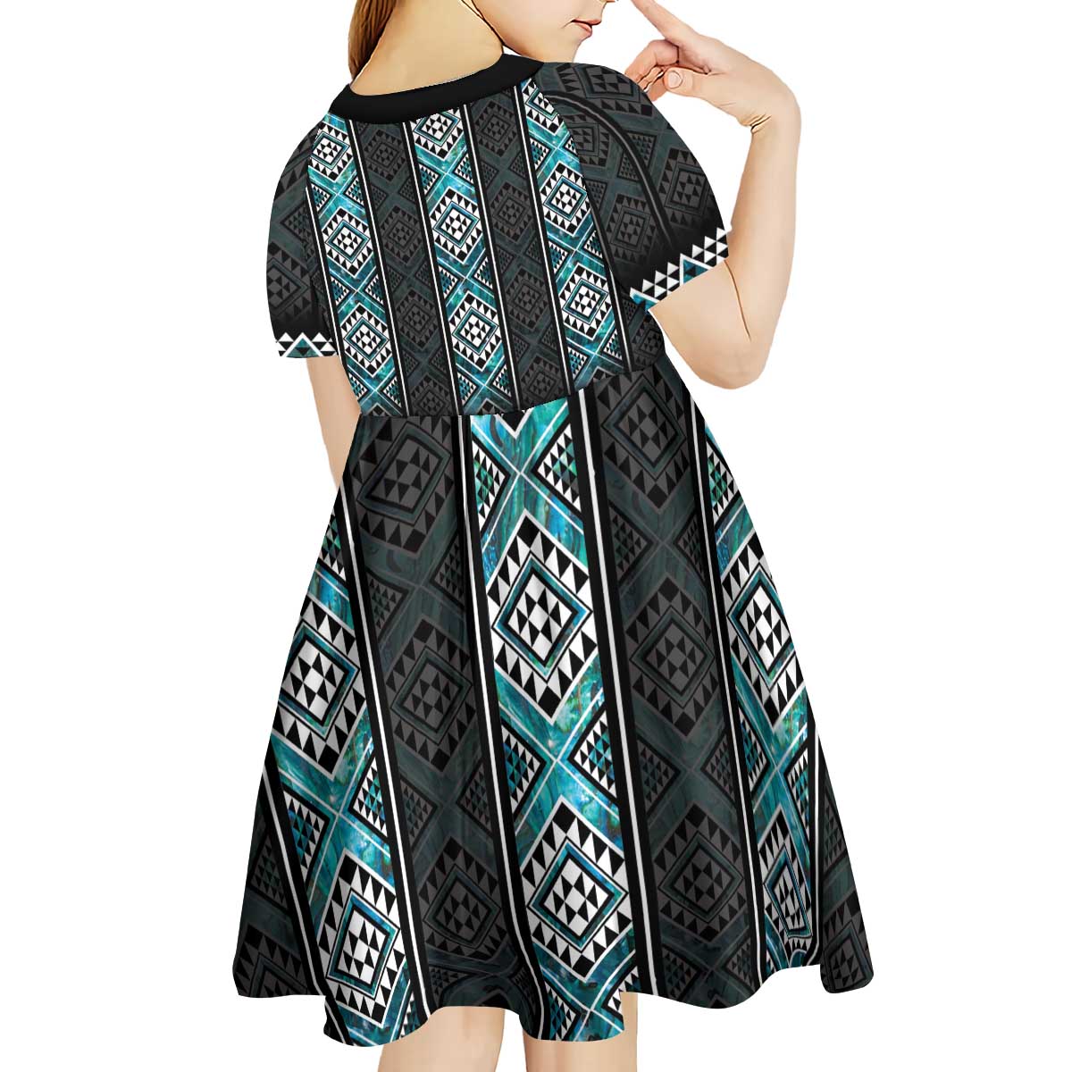 Paua Shell Taniko Pattern Aotearoa Kid Short Sleeve Dress Niho Taniwha Mix Poutama