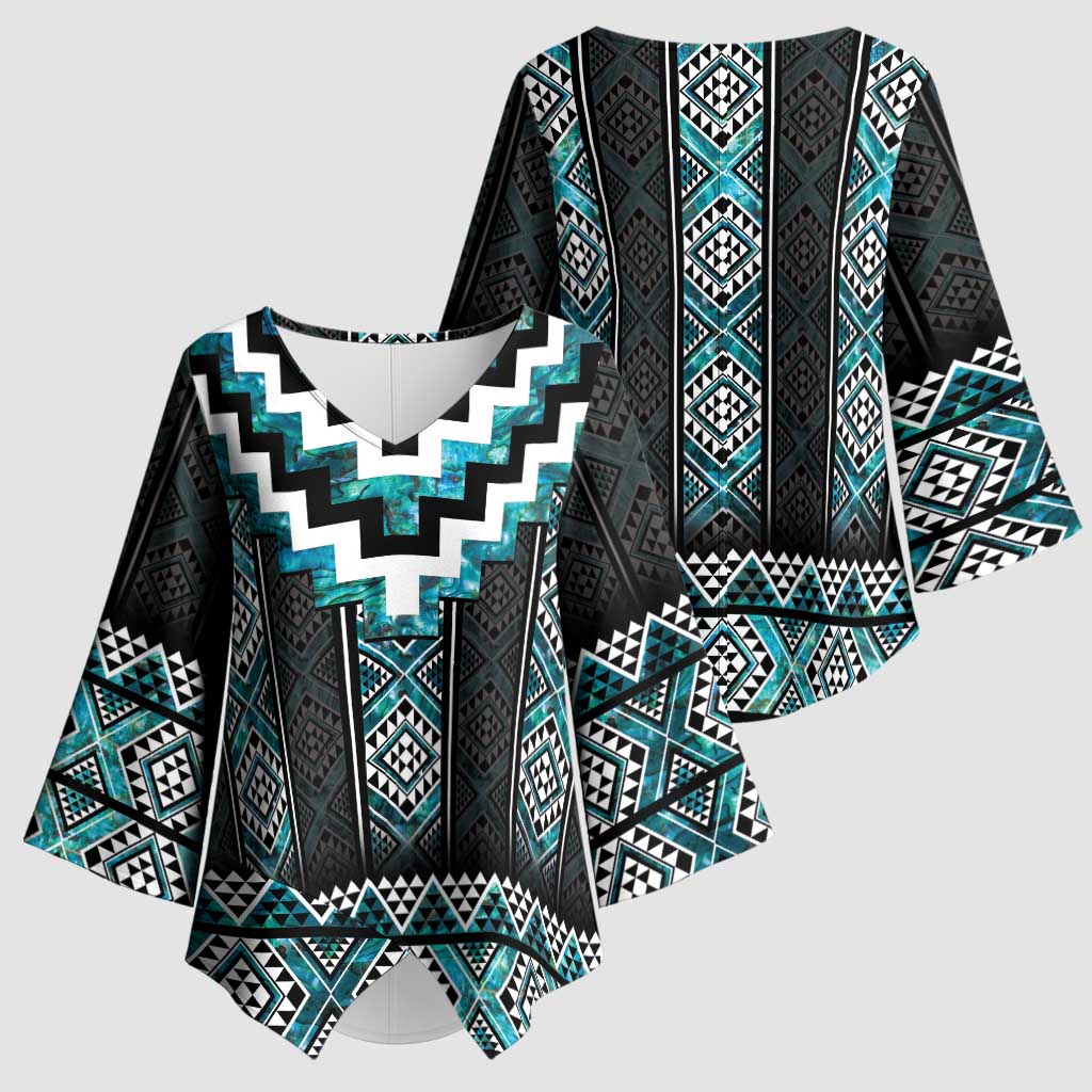 Paua Shell Taniko Pattern Aotearoa Kimono Sleeve Blouse Niho Taniwha Mix Poutama - Polynesian Pride