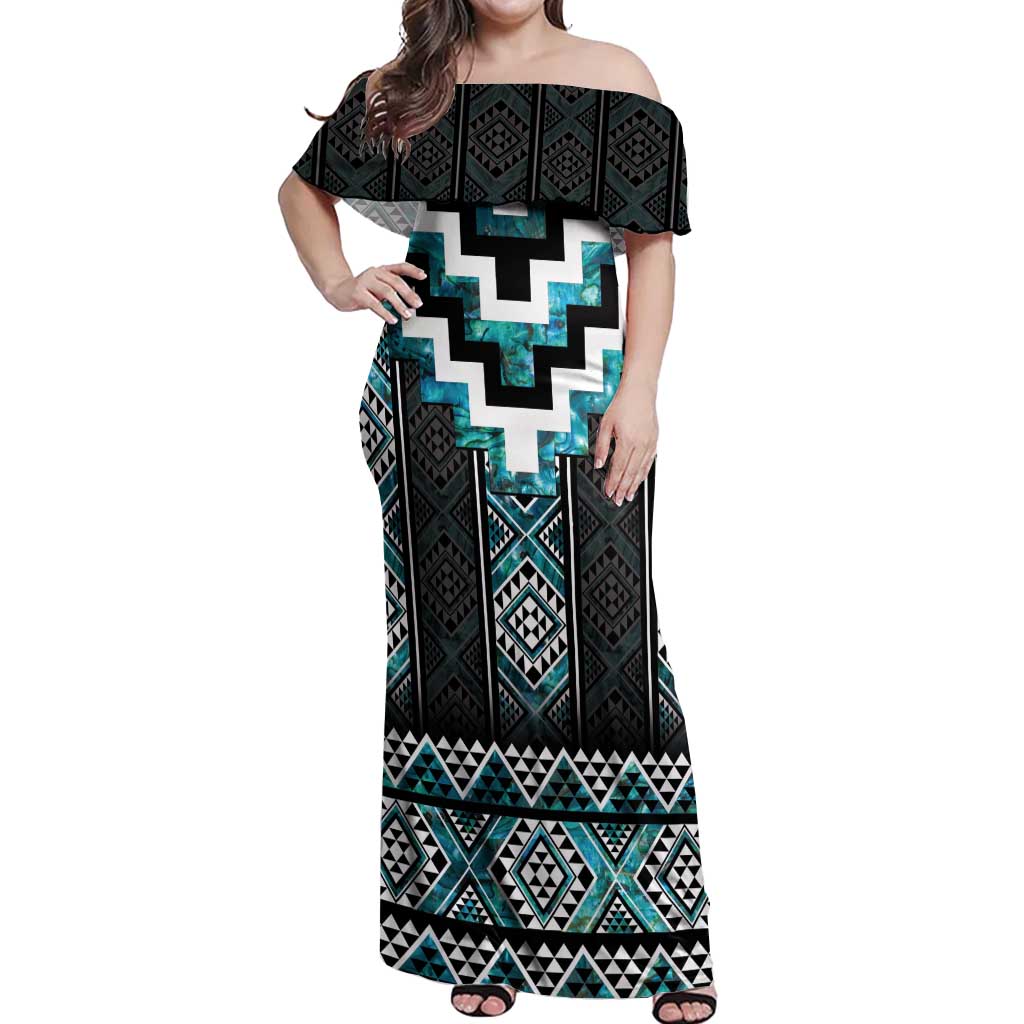 Paua Shell Taniko Pattern Aotearoa Off Shoulder Maxi Dress Niho Taniwha Mix Poutama