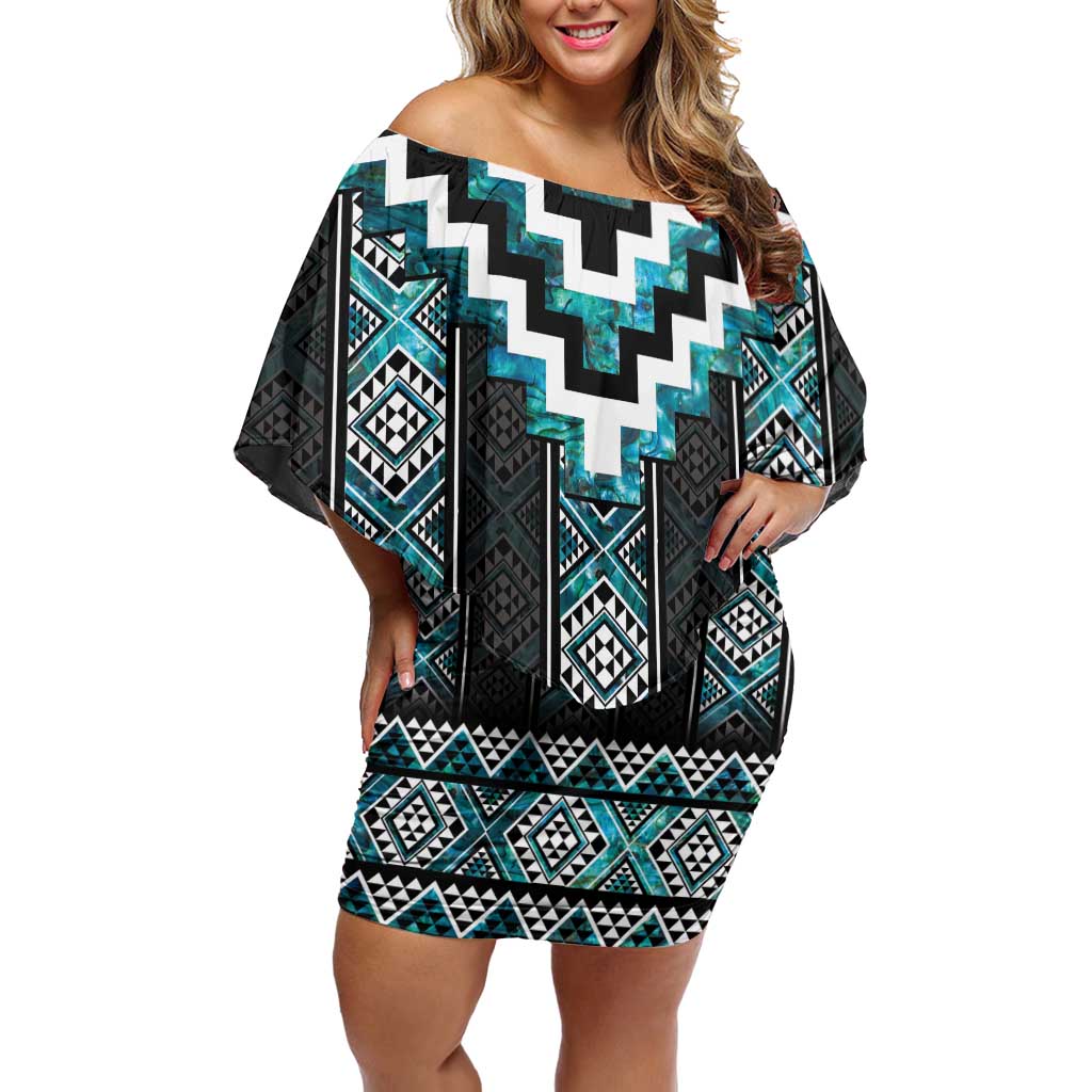 Paua Shell Taniko Pattern Aotearoa Off Shoulder Short Dress Niho Taniwha Mix Poutama