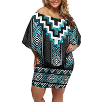 Paua Shell Taniko Pattern Aotearoa Off Shoulder Short Dress Niho Taniwha Mix Poutama
