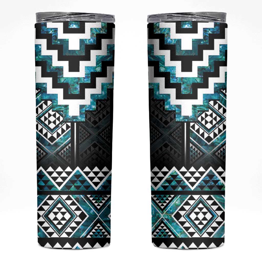 Paua Shell Taniko Pattern Aotearoa Skinny Tumbler Niho Taniwha Mix Poutama LT14 Turquoise - Polynesian Pride