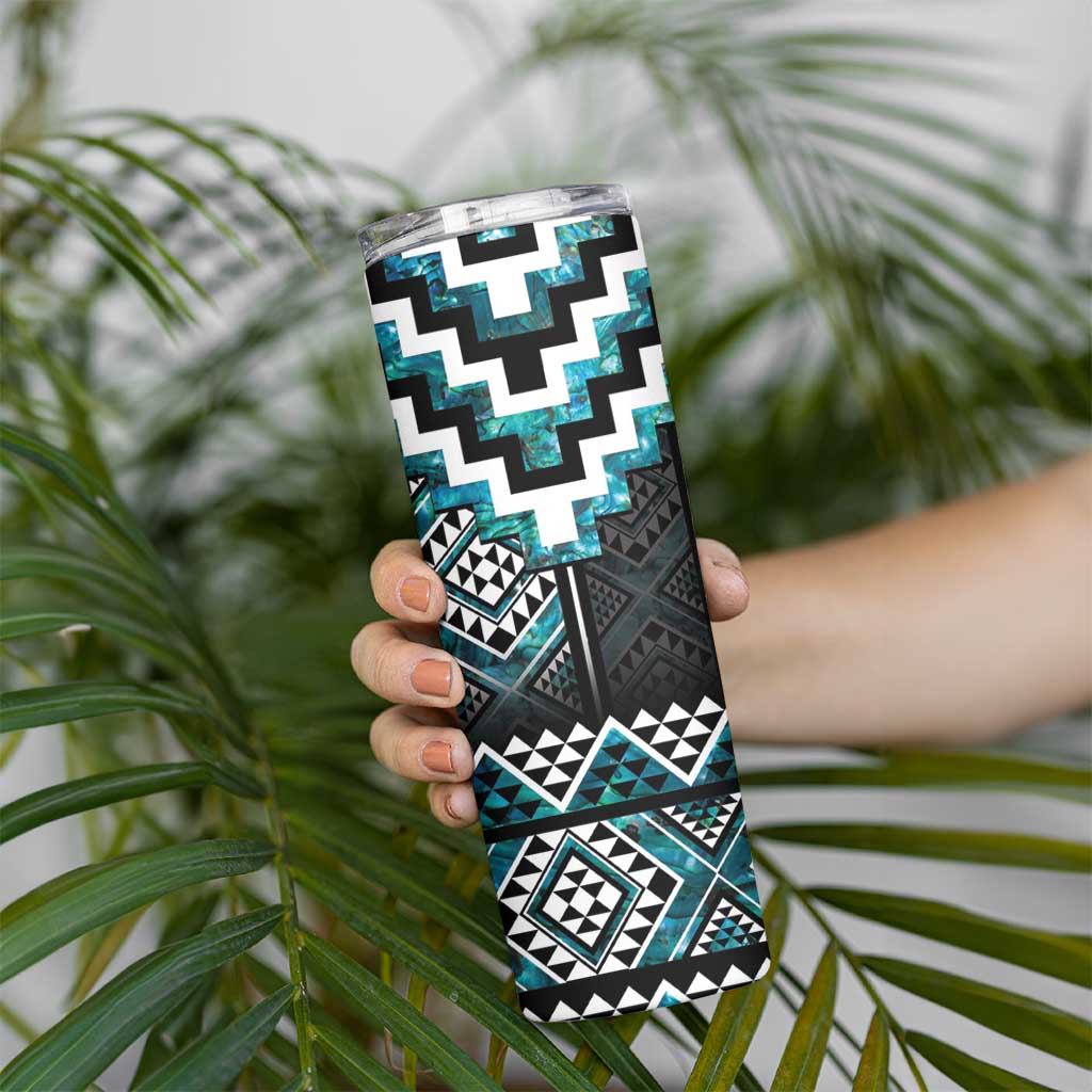 Paua Shell Taniko Pattern Aotearoa Skinny Tumbler Niho Taniwha Mix Poutama LT14 - Polynesian Pride