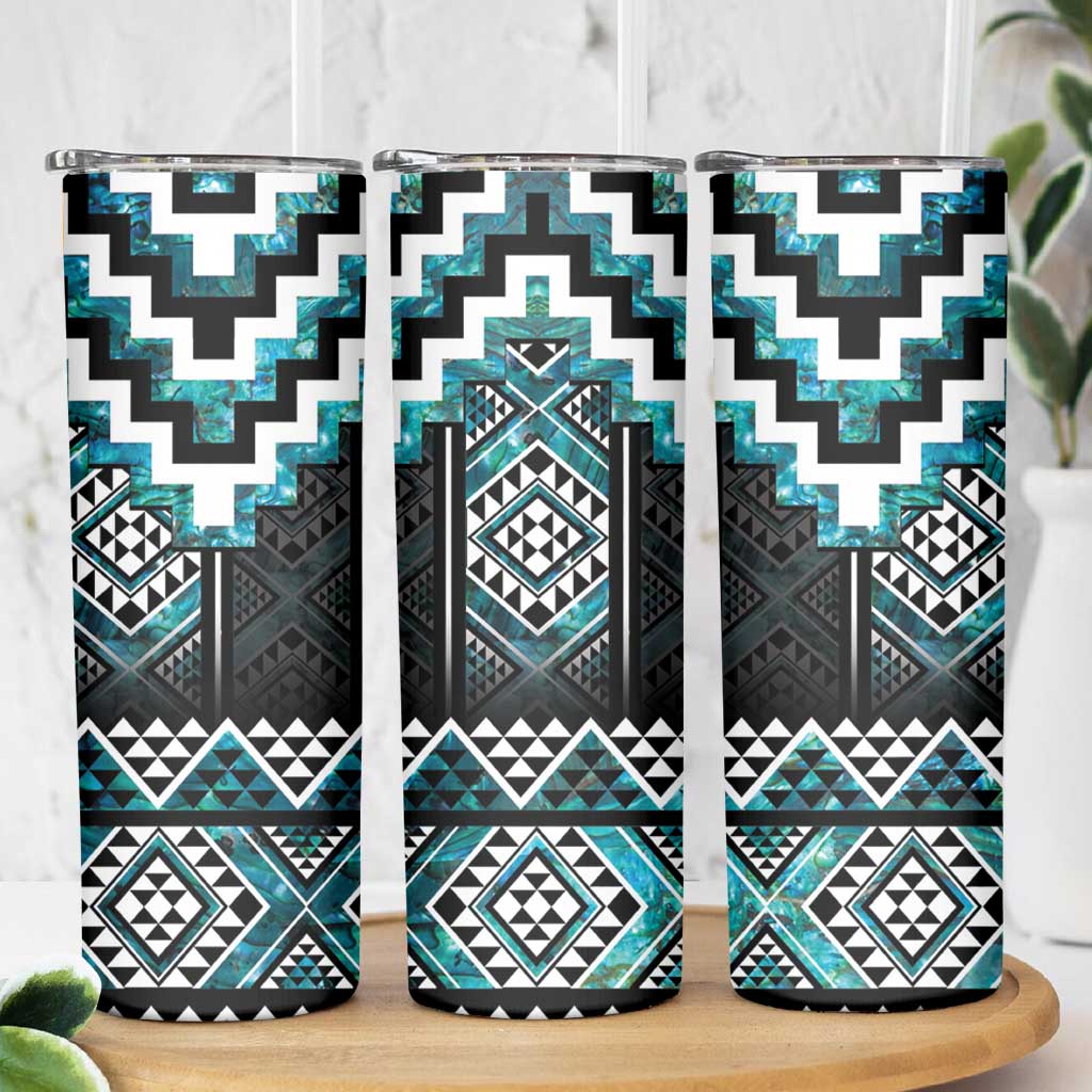 Paua Shell Taniko Pattern Aotearoa Skinny Tumbler Niho Taniwha Mix Poutama LT14 - Polynesian Pride