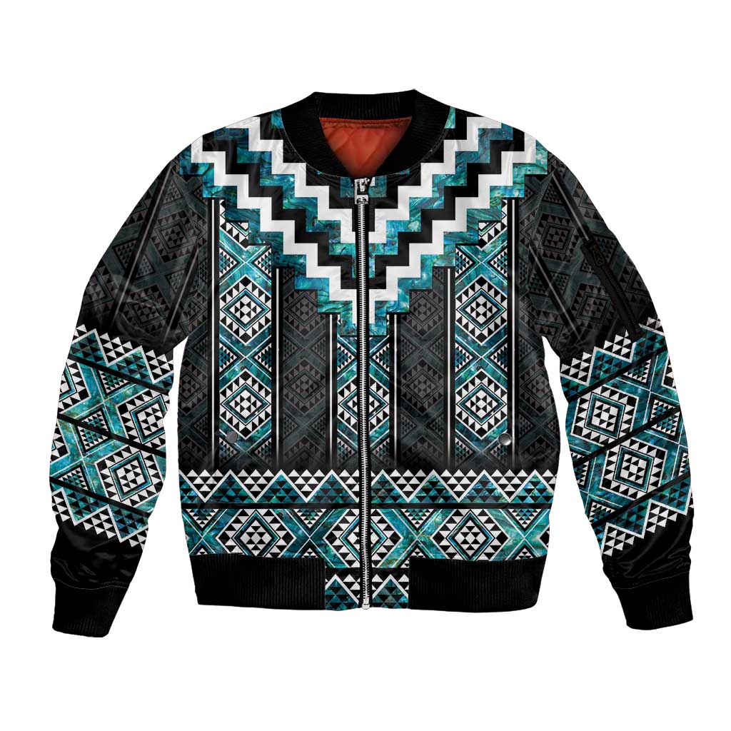 Paua Shell Taniko Pattern Aotearoa Sleeve Zip Bomber Jacket Niho Taniwha Mix Poutama