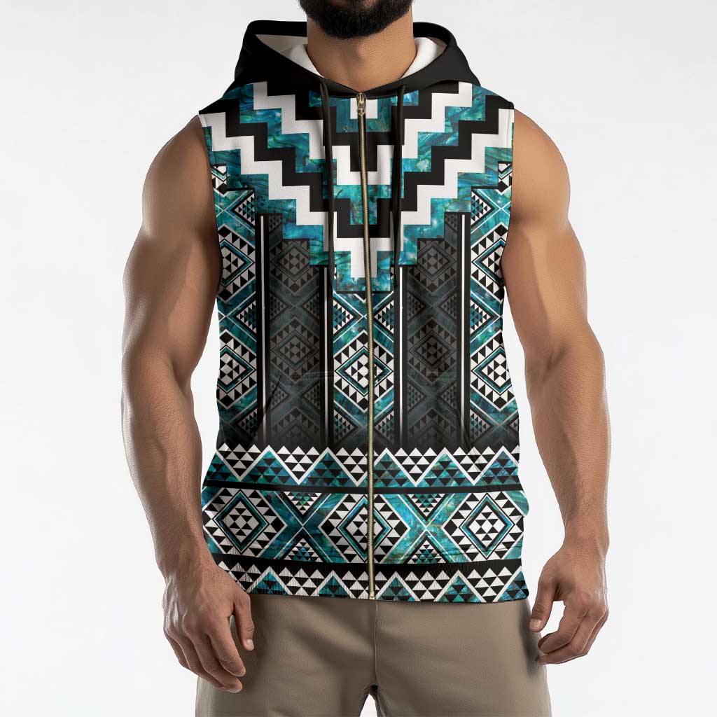 Paua Shell Taniko Pattern Aotearoa Sleeveless Zip Hoodie Niho Taniwha Mix Poutama - Polynesian Pride