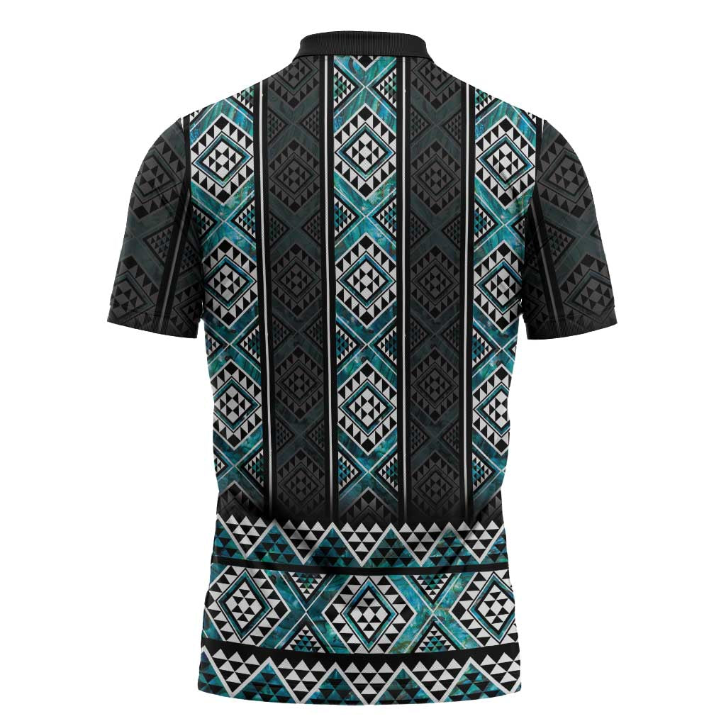 Paua Shell Taniko Pattern Aotearoa Zipper Polo Shirt Niho Taniwha Mix Poutama - Polynesian Pride