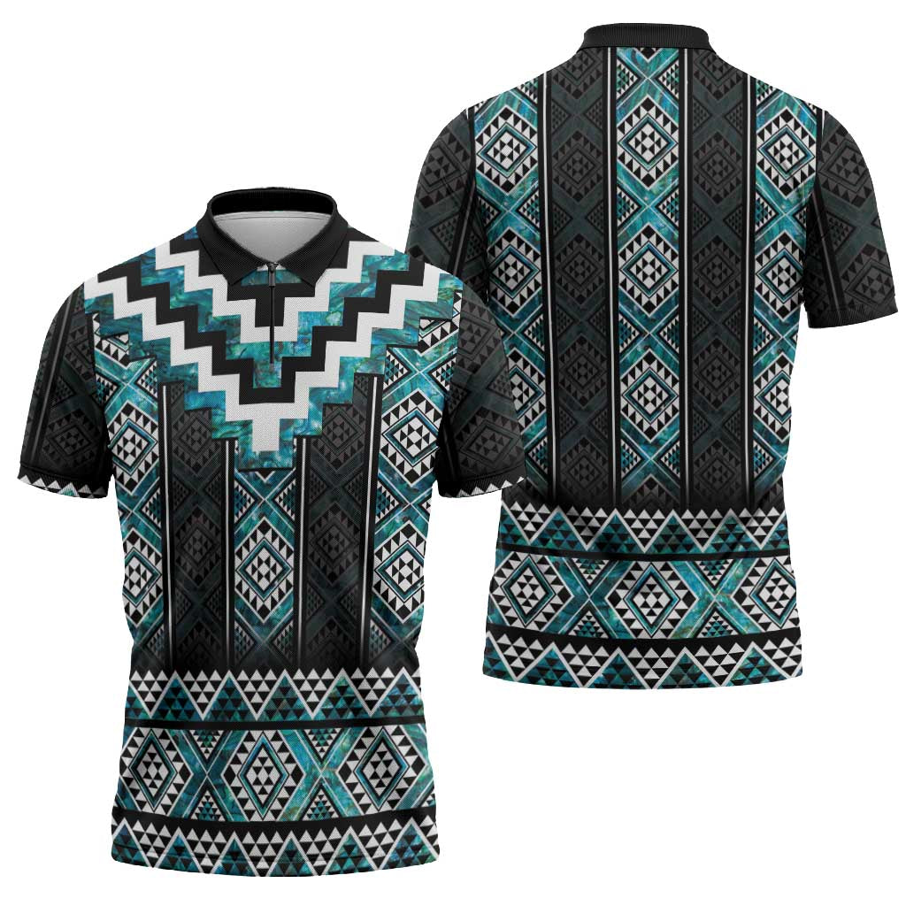 Paua Shell Taniko Pattern Aotearoa Zipper Polo Shirt Niho Taniwha Mix Poutama - Polynesian Pride
