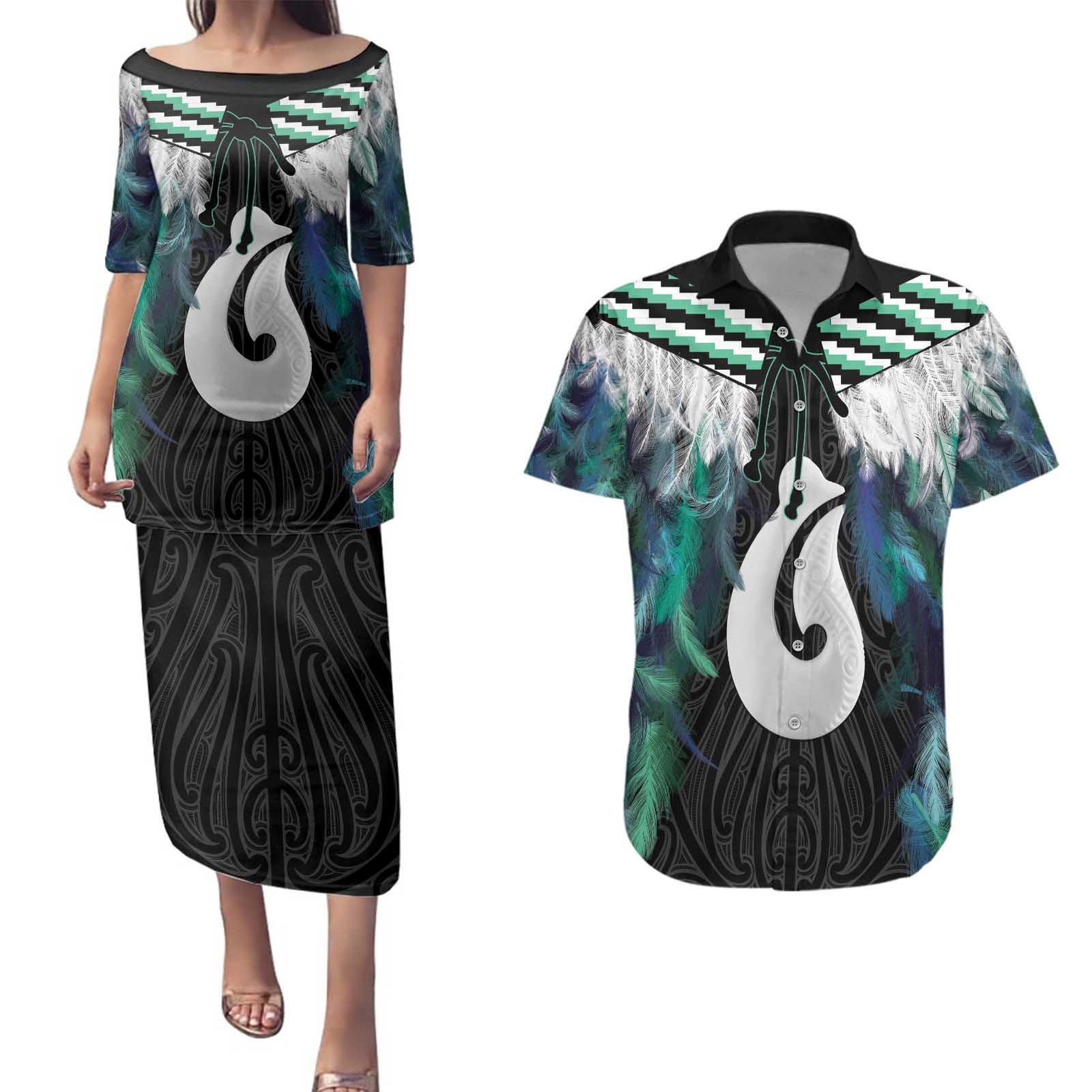 Aotearoa Korowai Motif Couples Matching Puletasi and Hawaiian Shirt Hei Matau Poutama Maori Pattern LT14 Turquoise - Polynesian Pride