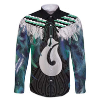 Aotearoa Korowai Motif Family Matching Mermaid Dress and Hawaiian Shirt Hei Matau Poutama Maori Pattern LT14 Dad's Shirt - Long Sleeve Turquoise - Polynesian Pride