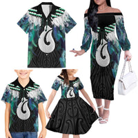 Aotearoa Korowai Motif Family Matching Off The Shoulder Long Sleeve Dress and Hawaiian Shirt Hei Matau Poutama Maori Pattern