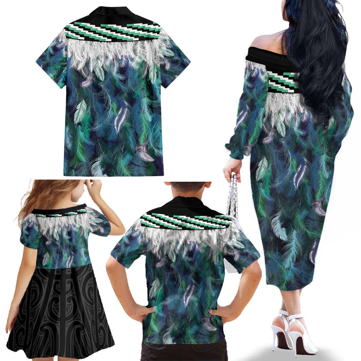 Aotearoa Korowai Motif Family Matching Off The Shoulder Long Sleeve Dress and Hawaiian Shirt Hei Matau Poutama Maori Pattern