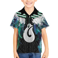 Aotearoa Korowai Motif Family Matching Off Shoulder Short Dress and Hawaiian Shirt Hei Matau Poutama Maori Pattern LT14 Son's Shirt Turquoise - Polynesian Pride