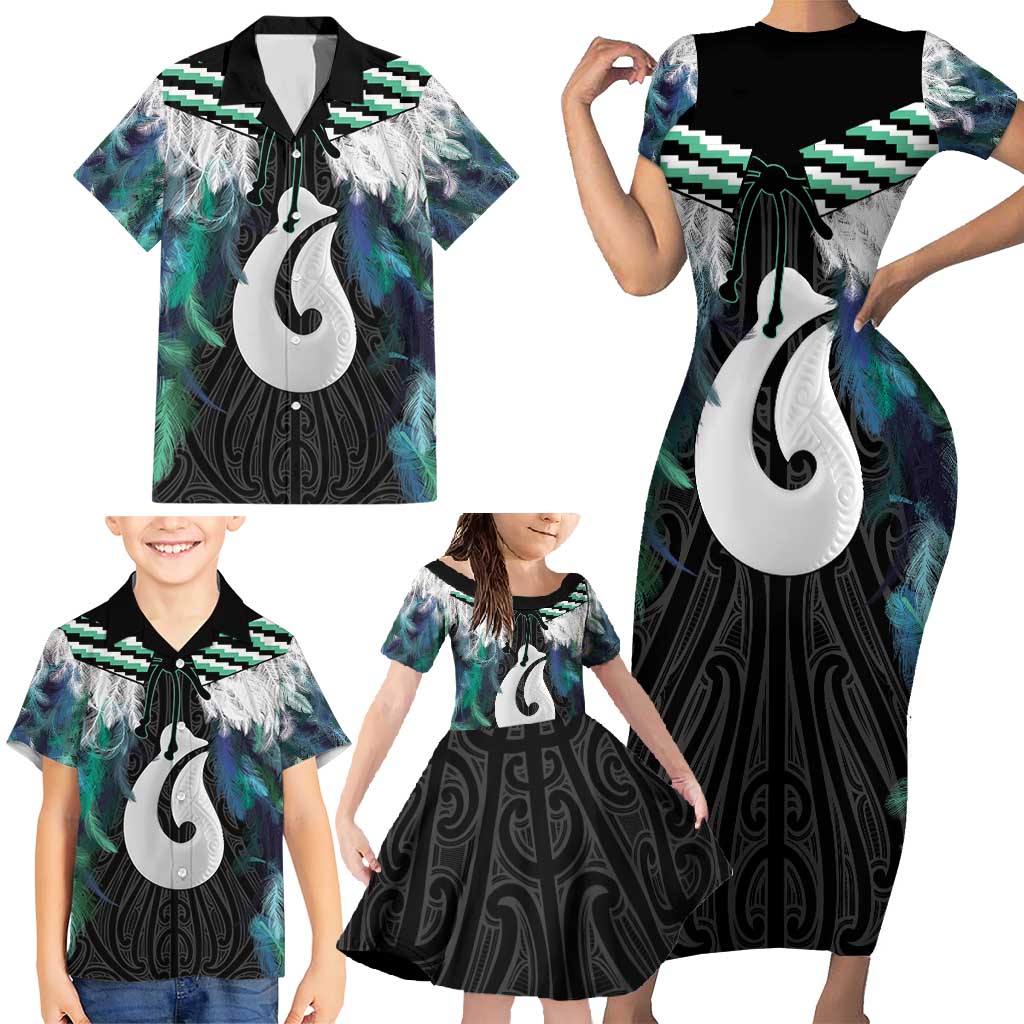 Aotearoa Korowai Motif Family Matching Short Sleeve Bodycon Dress and Hawaiian Shirt Hei Matau Poutama Maori Pattern