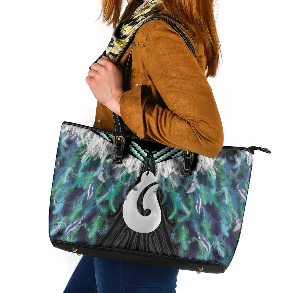 Aotearoa Korowai Motif Leather Tote Bag Hei Matau Poutama Maori Pattern LT14 Turquoise - Polynesian Pride