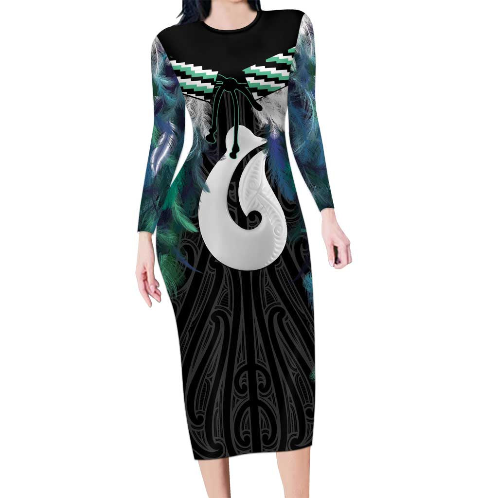 Aotearoa Korowai Motif Long Sleeve Bodycon Dress Hei Matau Poutama Maori Pattern