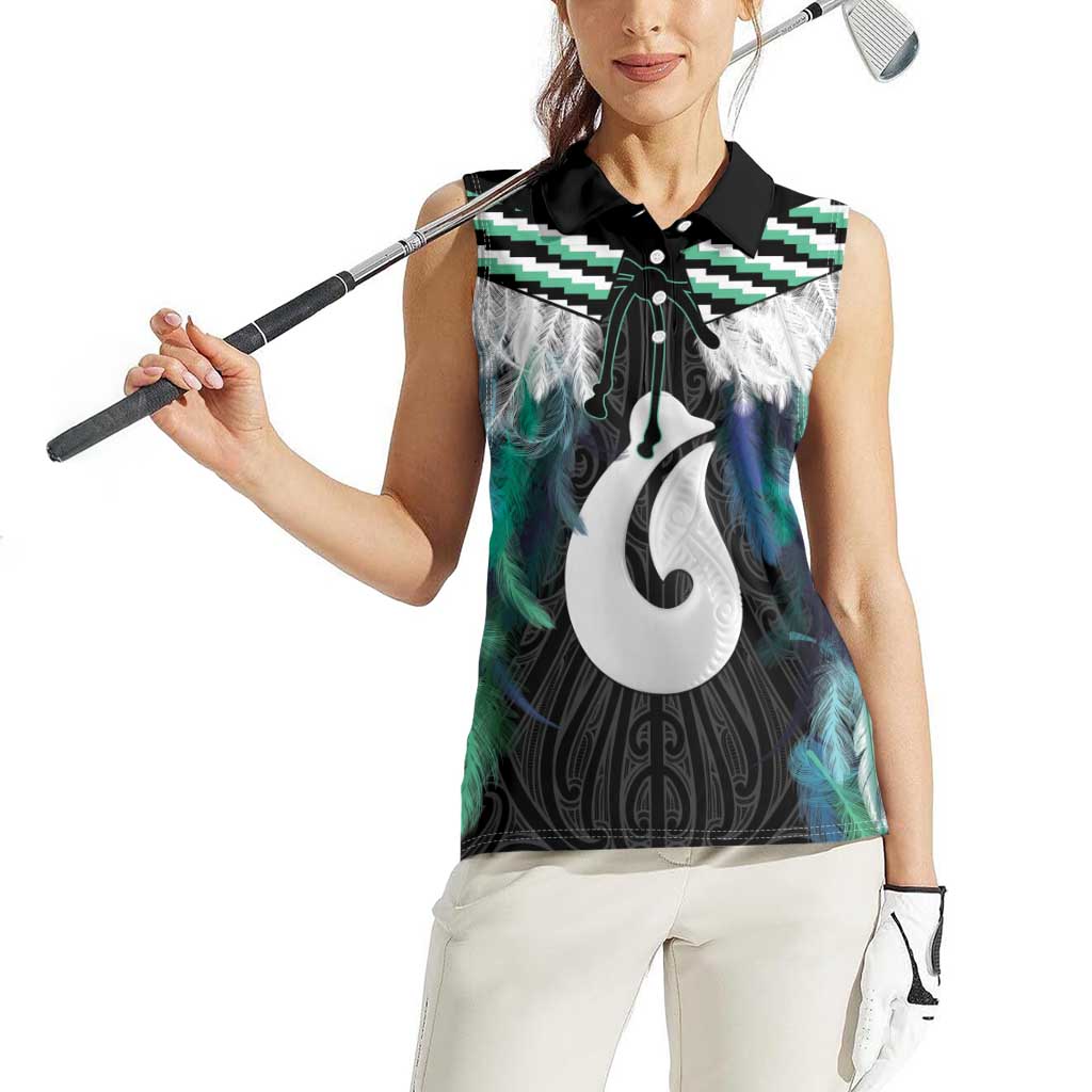 Aotearoa Korowai Motif Women Sleeveless Polo Shirt Hei Matau Poutama Maori Pattern