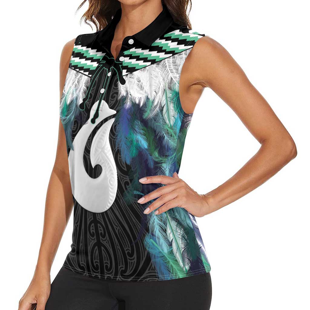 Aotearoa Korowai Motif Women Sleeveless Polo Shirt Hei Matau Poutama Maori Pattern