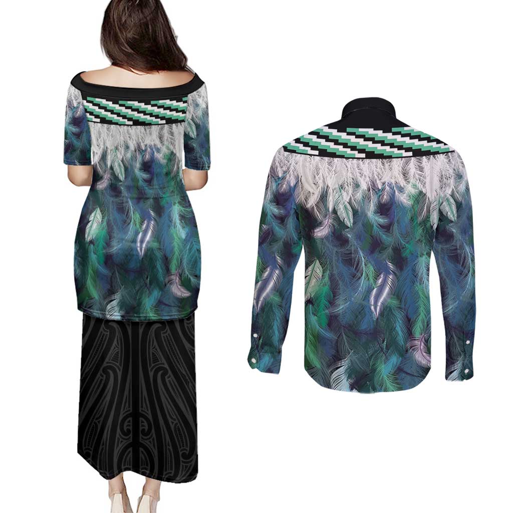 Aotearoa Korowai Motif Couples Matching Puletasi and Long Sleeve Button Shirt Hei Manaia Poutama Maori Pattern LT14 - Polynesian Pride