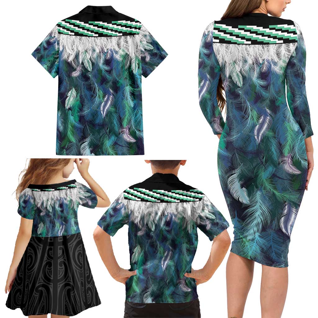 Aotearoa Korowai Motif Family Matching Long Sleeve Bodycon Dress and Hawaiian Shirt Hei Manaia Poutama Maori Pattern LT14 - Polynesian Pride