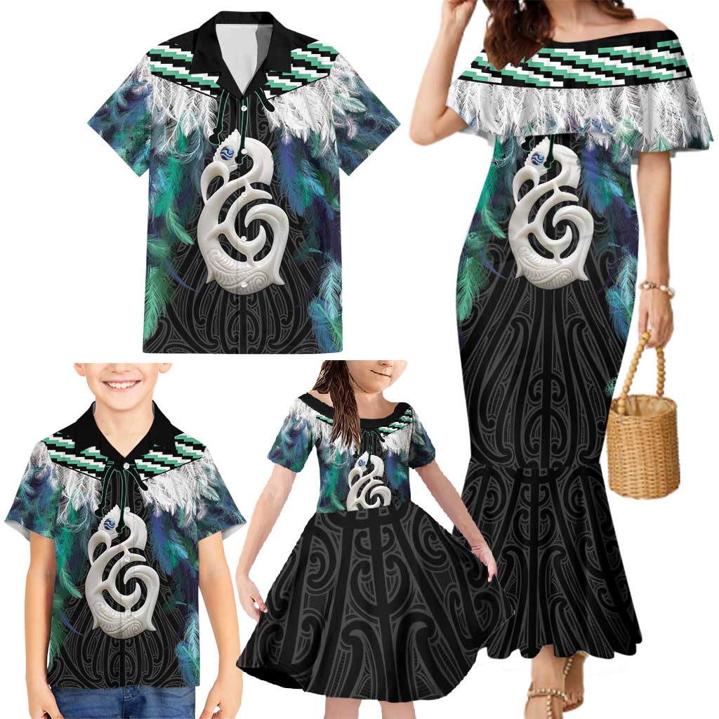 Aotearoa Korowai Motif Family Matching Mermaid Dress and Hawaiian Shirt Hei Manaia Poutama Maori Pattern