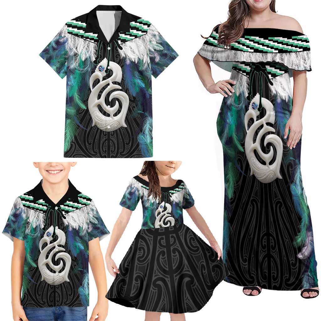 Aotearoa Korowai Motif Family Matching Off Shoulder Maxi Dress and Hawaiian Shirt Hei Manaia Poutama Maori Pattern