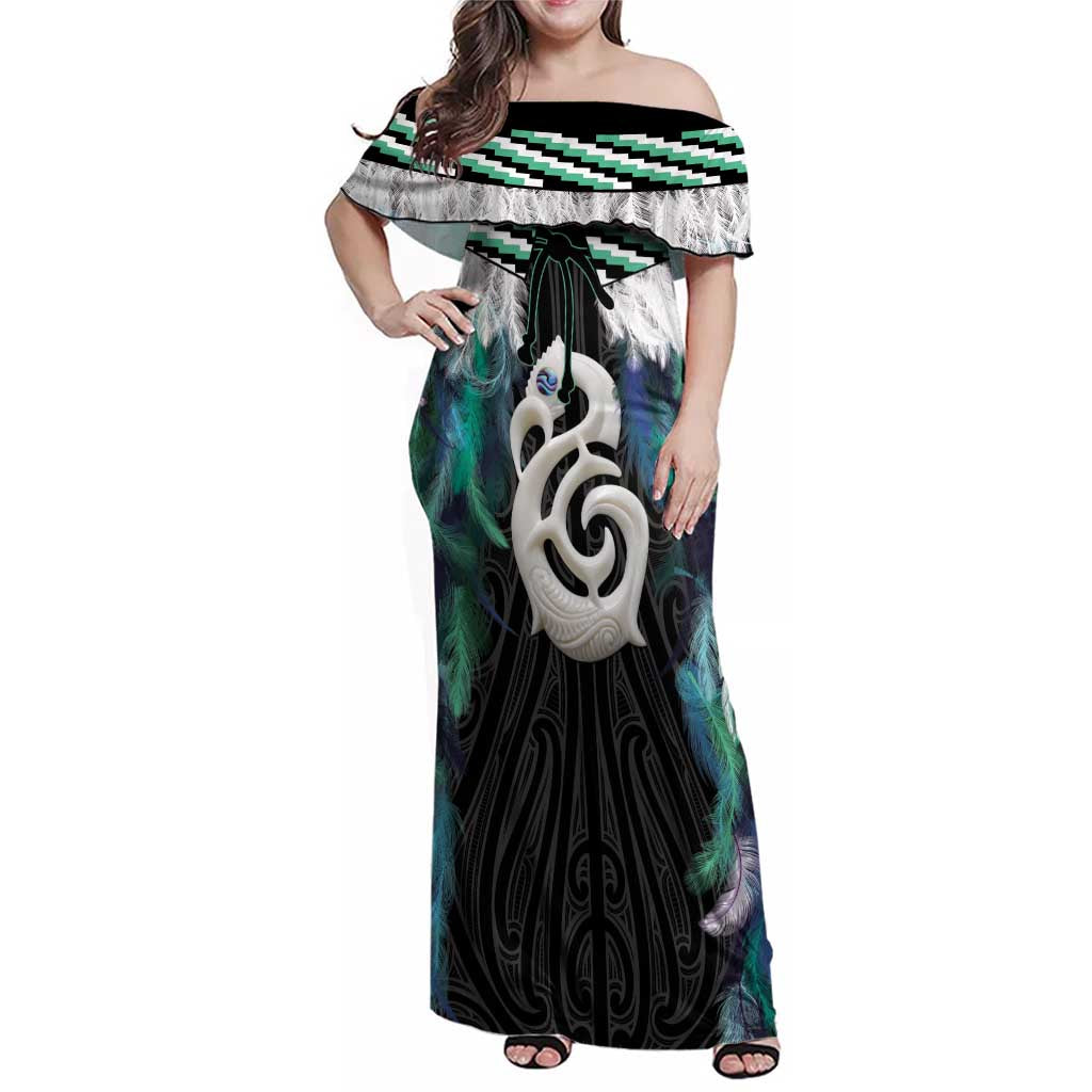 Aotearoa Korowai Motif Family Matching Off Shoulder Maxi Dress and Hawaiian Shirt Hei Manaia Poutama Maori Pattern