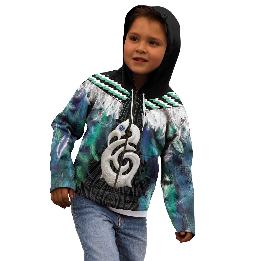 Aotearoa Korowai Motif Kid Hoodie Hei Manaia Poutama Maori Pattern