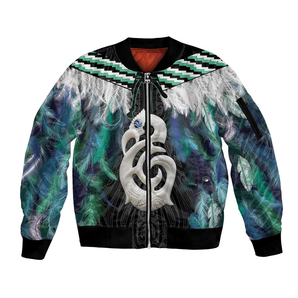 Aotearoa Korowai Motif Sleeve Zip Bomber Jacket Hei Manaia Poutama Maori Pattern LT14 Unisex Turquoise - Polynesian Pride