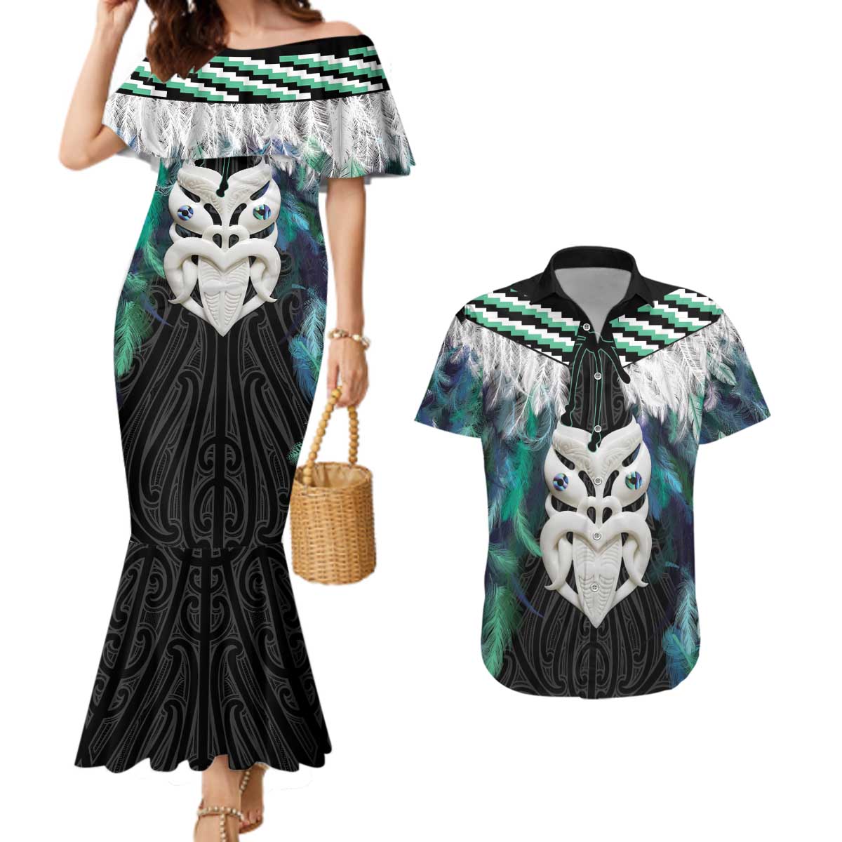 Aotearoa Korowai Motif Couples Matching Mermaid Dress and Hawaiian Shirt Maori Wheku Poutama