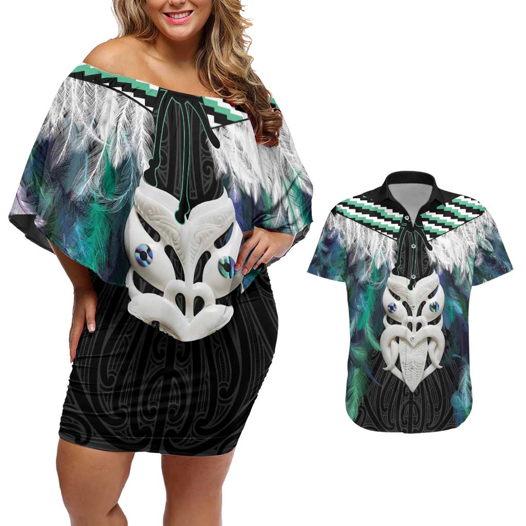 Aotearoa Korowai Motif Couples Matching Off Shoulder Short Dress and Hawaiian Shirt Maori Wheku Poutama
