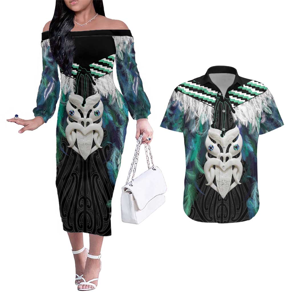 Aotearoa Korowai Motif Couples Matching Off The Shoulder Long Sleeve Dress and Hawaiian Shirt Maori Wheku Poutama