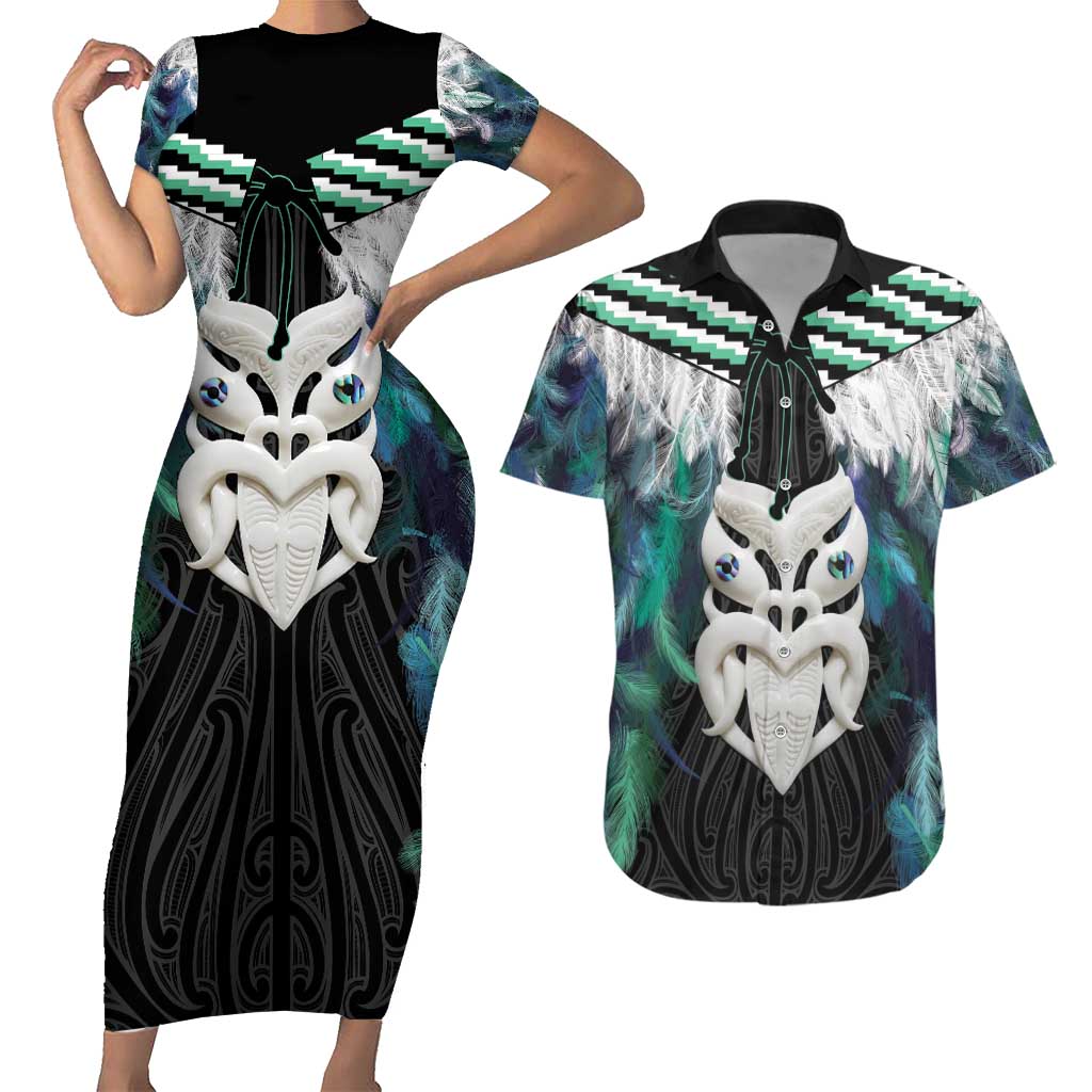 Aotearoa Korowai Motif Couples Matching Short Sleeve Bodycon Dress and Hawaiian Shirt Maori Wheku Poutama