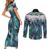 Aotearoa Korowai Motif Couples Matching Short Sleeve Bodycon Dress and Long Sleeve Button Shirt Maori Wheku Poutama LT14 - Polynesian Pride