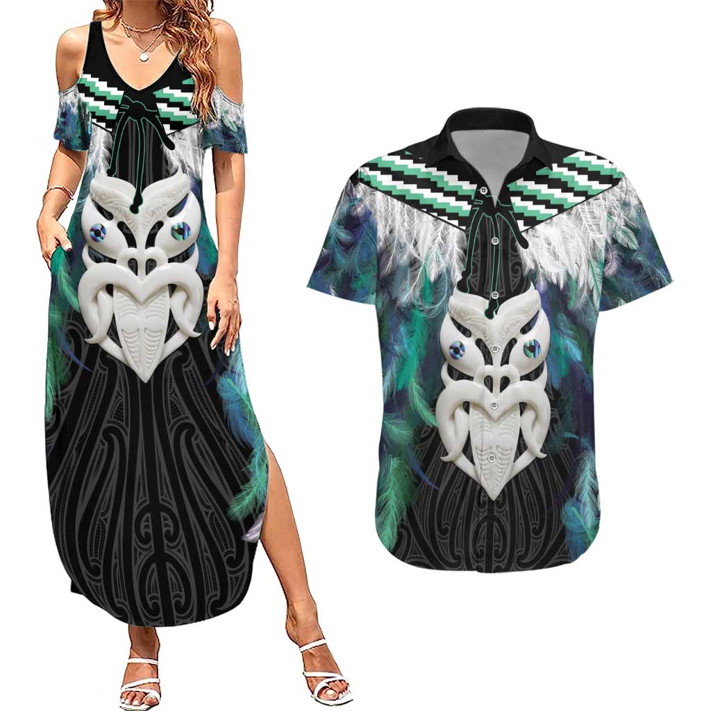 Aotearoa Korowai Motif Couples Matching Summer Maxi Dress and Hawaiian Shirt Maori Wheku Poutama