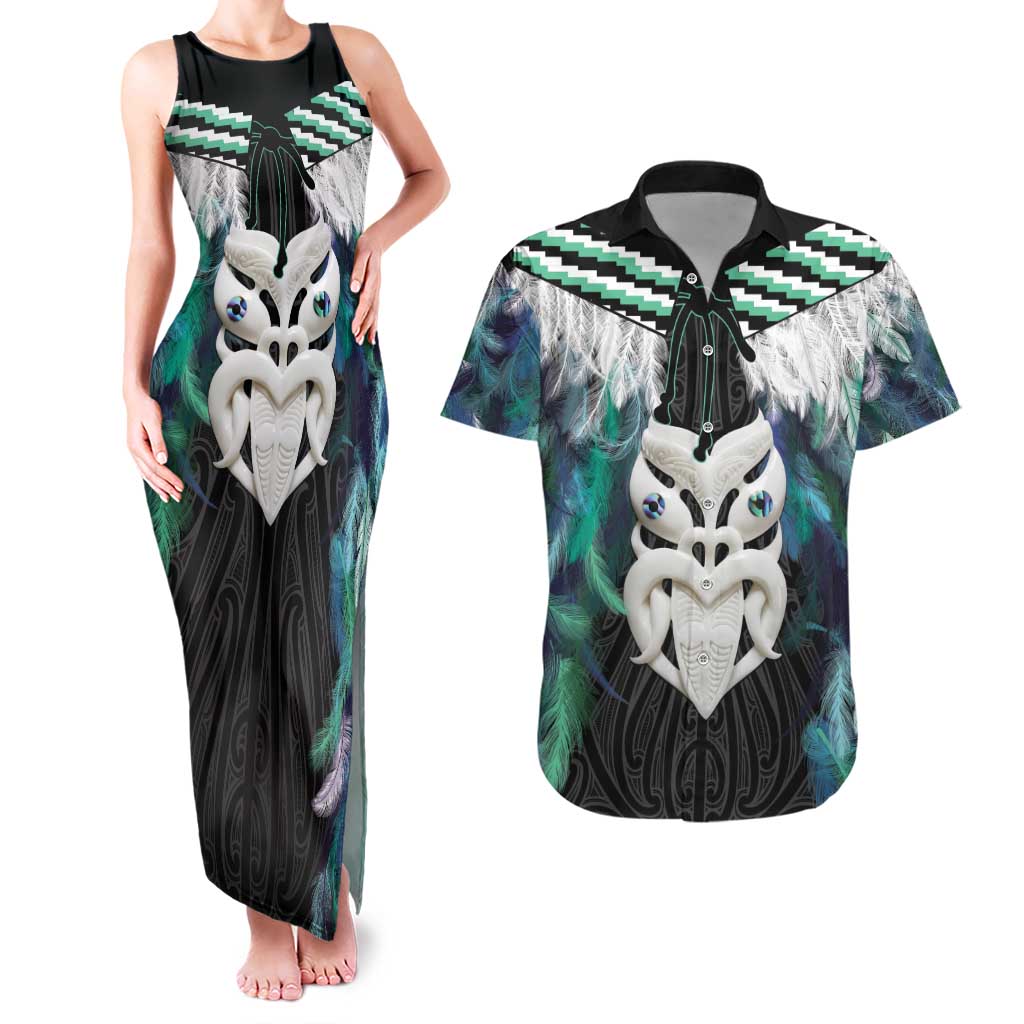 Aotearoa Korowai Motif Couples Matching Tank Maxi Dress and Hawaiian Shirt Maori Wheku Poutama