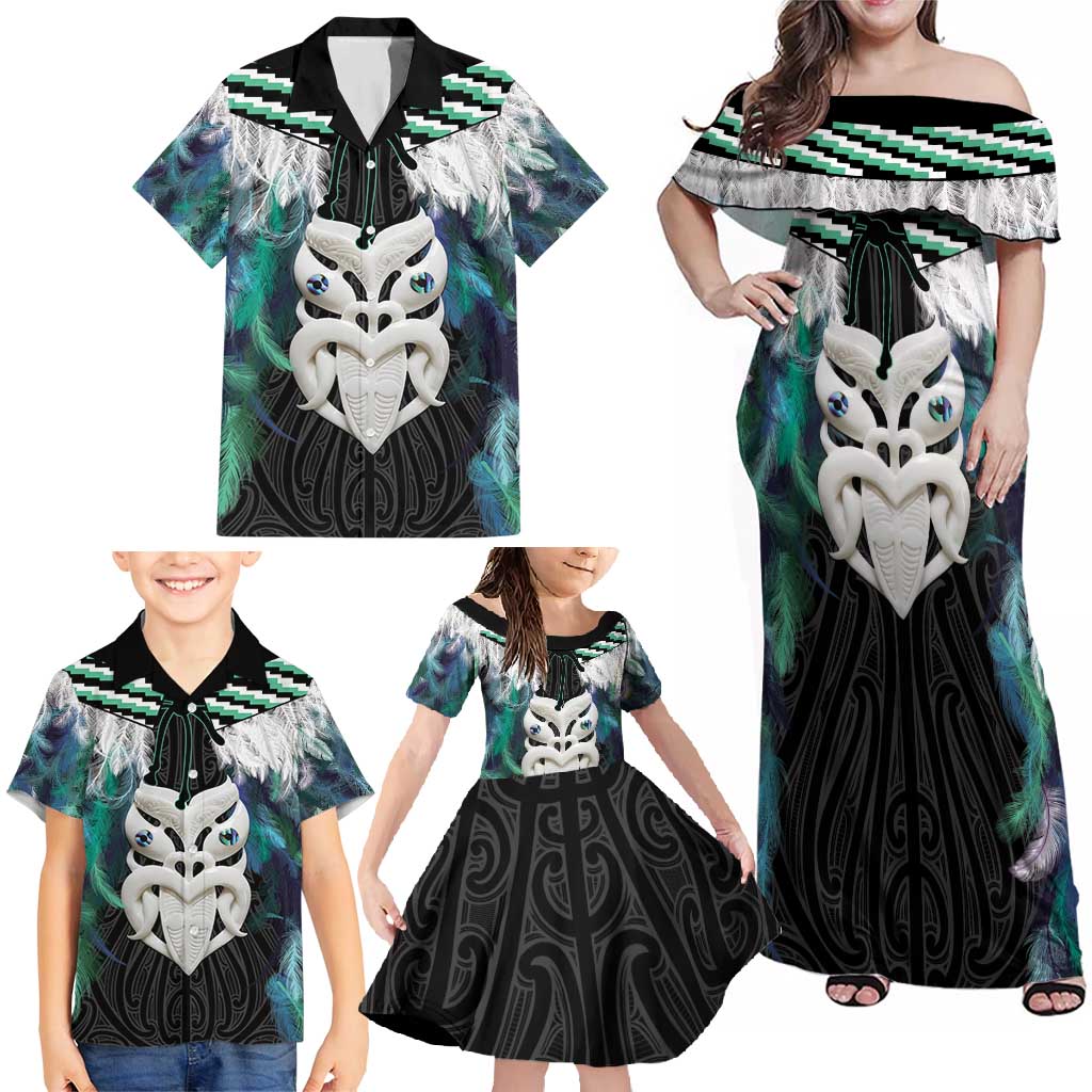 Aotearoa Korowai Motif Family Matching Off Shoulder Maxi Dress and Hawaiian Shirt Maori Wheku Poutama