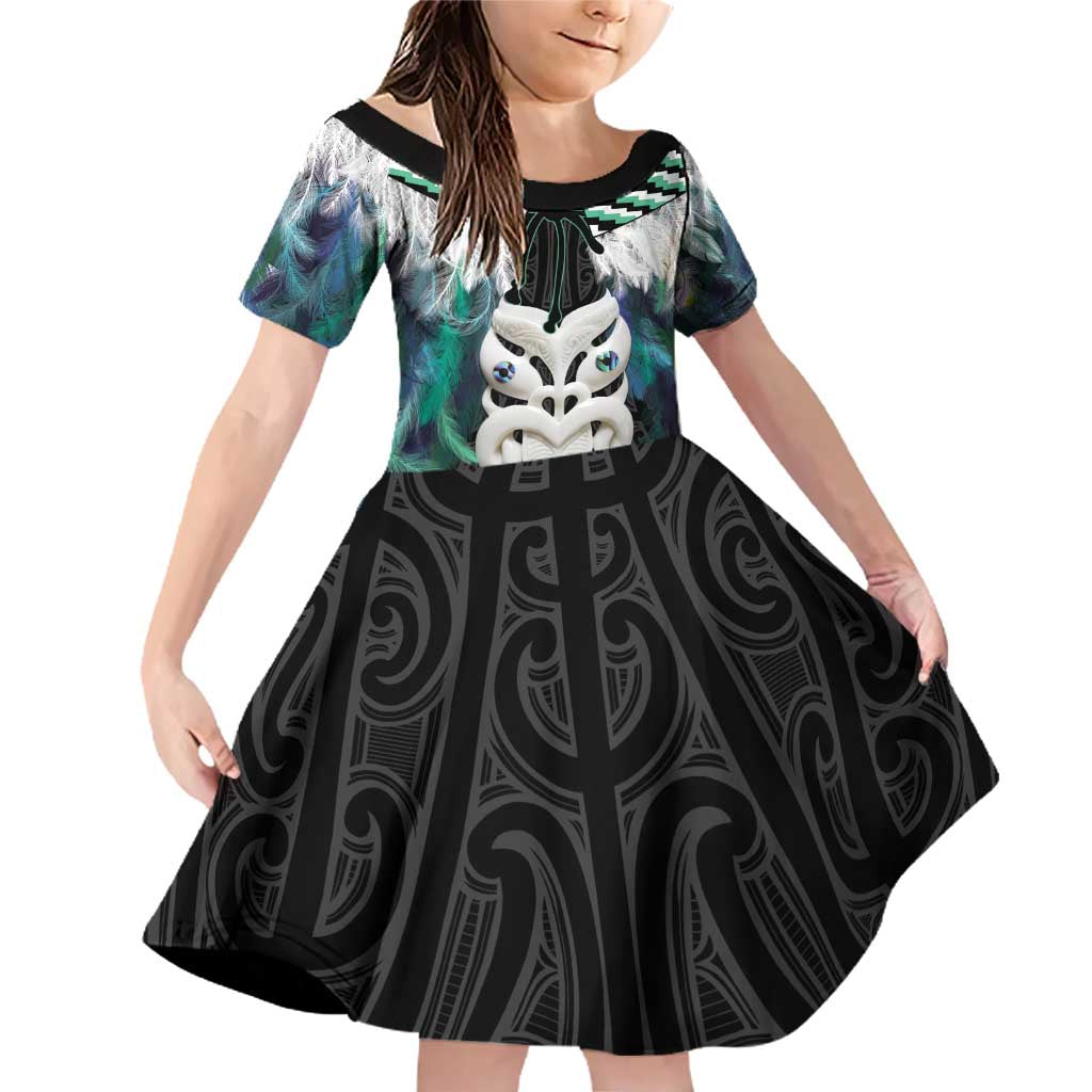 Aotearoa Korowai Motif Family Matching Off Shoulder Short Dress and Hawaiian Shirt Maori Wheku Poutama LT14 Daughter's Dress Turquoise - Polynesian Pride