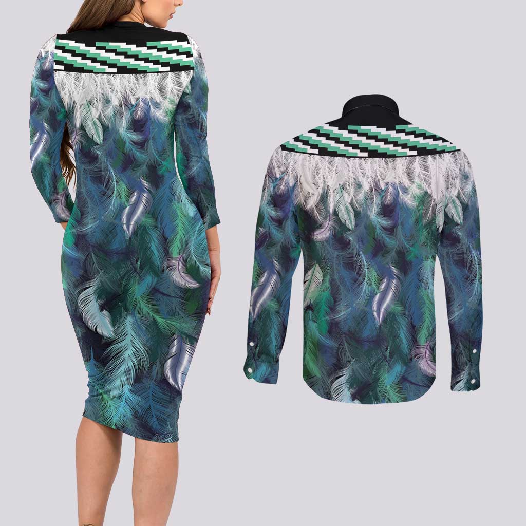 Aotearoa Korowai Motif Couples Matching Long Sleeve Bodycon Dress and Long Sleeve Button Shirt Maori Tane Poutama LT14 - Polynesian Pride