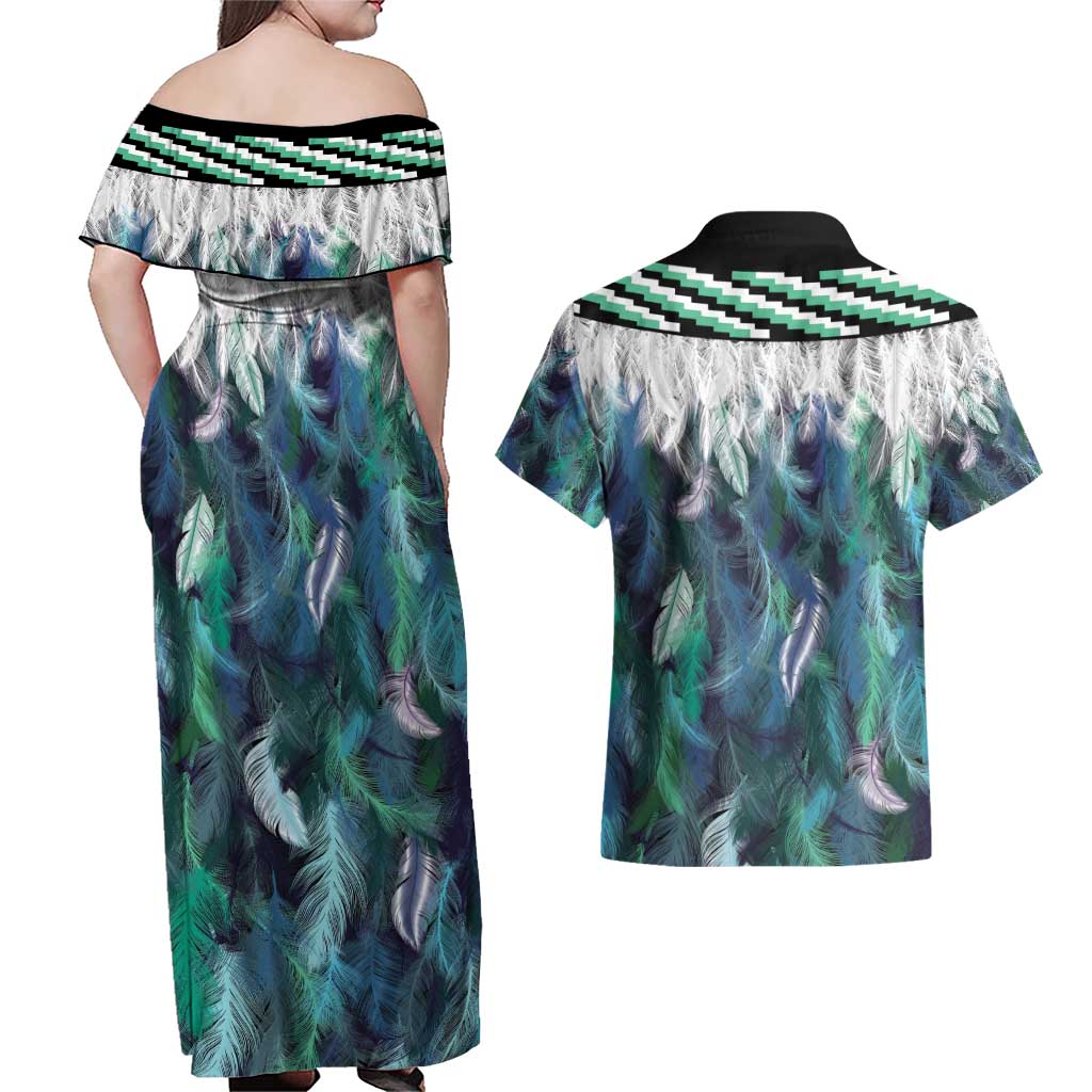 Aotearoa Korowai Motif Couples Matching Off Shoulder Maxi Dress and Hawaiian Shirt Maori Tane Poutama LT14 - Polynesian Pride