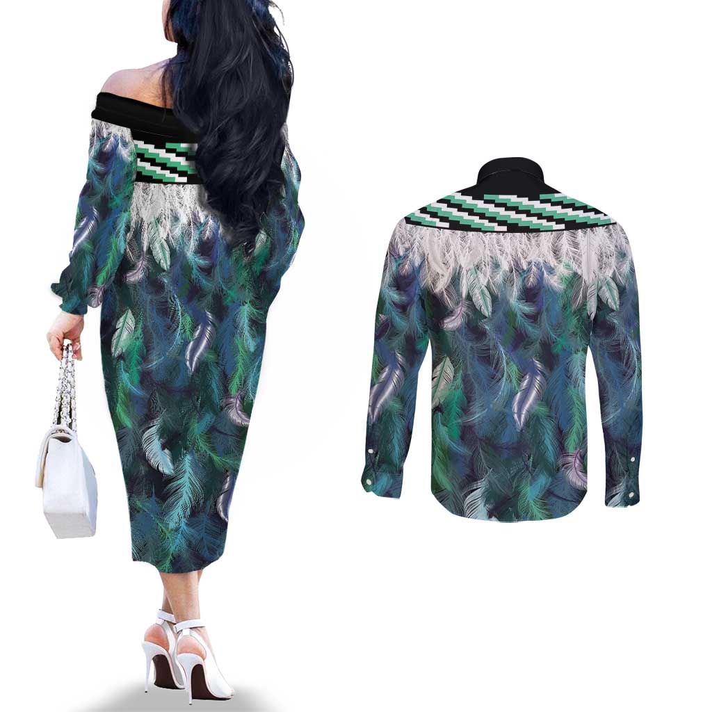 Aotearoa Korowai Motif Couples Matching Off The Shoulder Long Sleeve Dress and Long Sleeve Button Shirt Maori Tane Poutama LT14 - Polynesian Pride