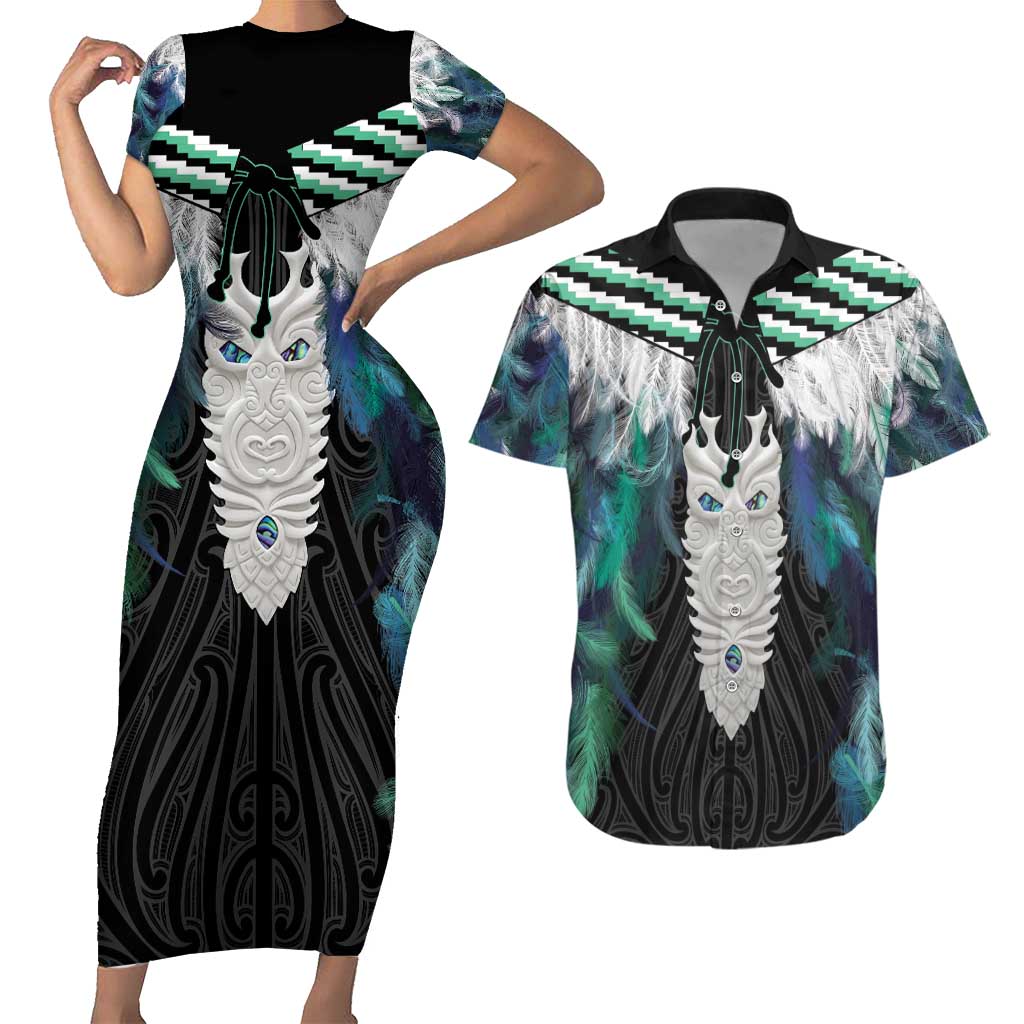 Aotearoa Korowai Motif Couples Matching Short Sleeve Bodycon Dress and Hawaiian Shirt Maori Tane Poutama