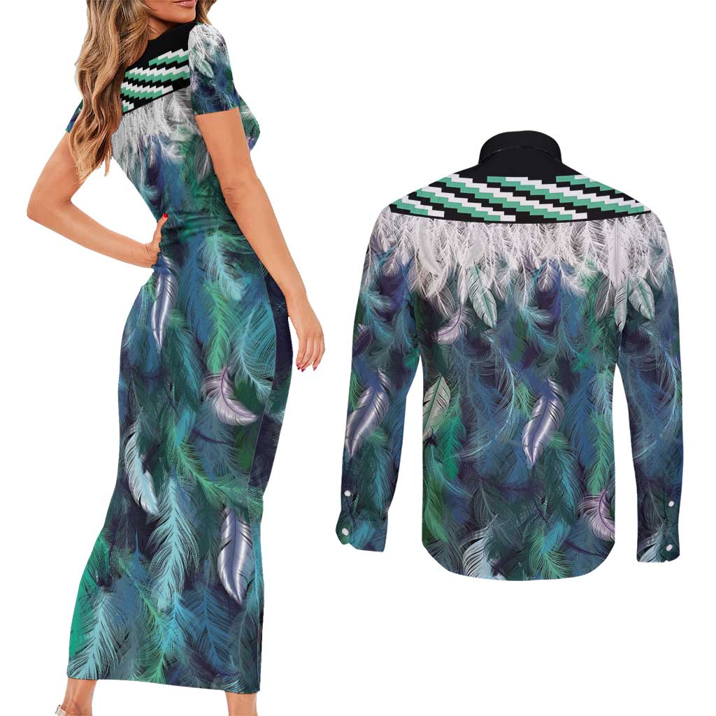 Aotearoa Korowai Motif Couples Matching Short Sleeve Bodycon Dress and Long Sleeve Button Shirt Maori Tane Poutama LT14 - Polynesian Pride