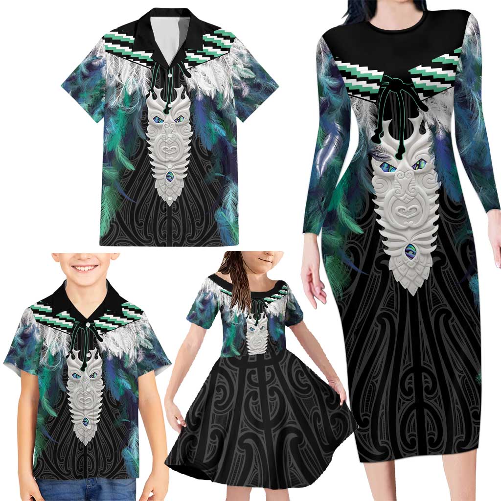 Aotearoa Korowai Motif Family Matching Long Sleeve Bodycon Dress and Hawaiian Shirt Maori Tane Poutama